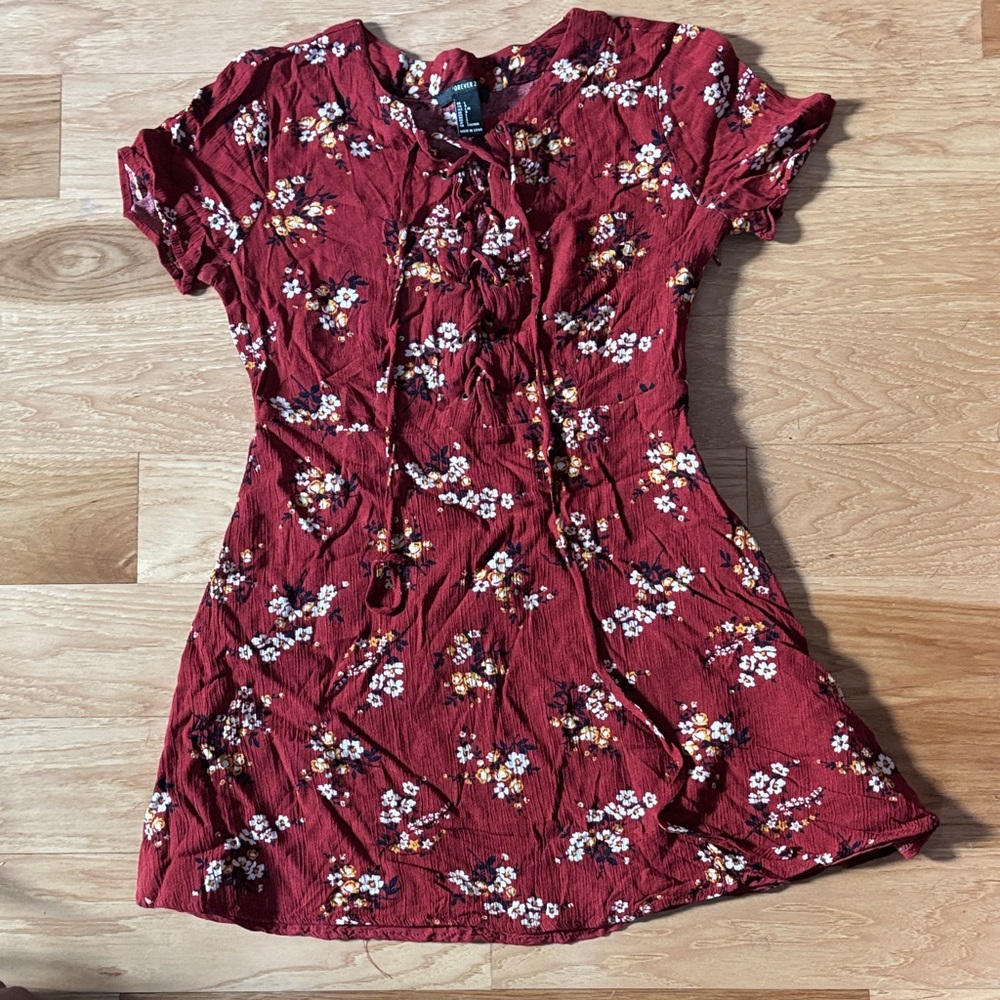Forever 21 Burgundy Floral Lace-Up Dress
